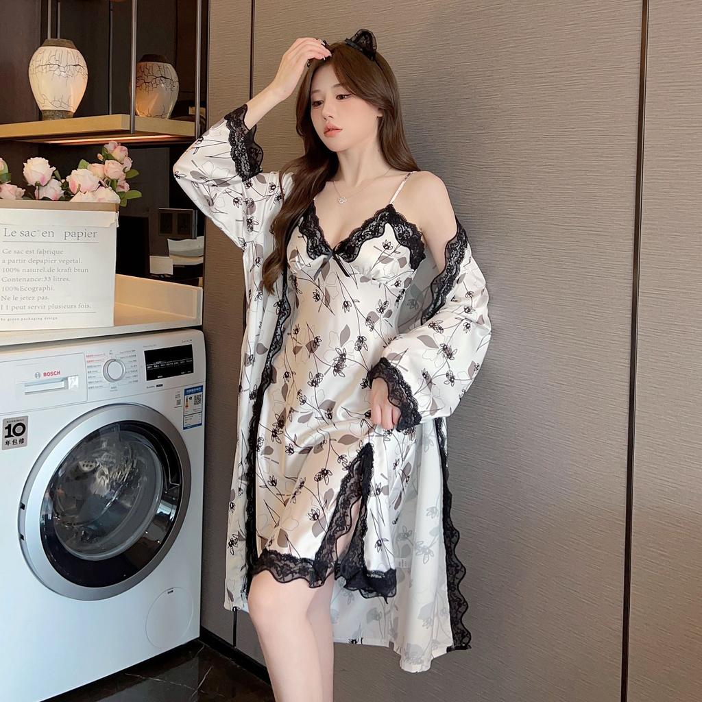 Ice silk pajamas women's new suspender nightgown ins nightgown two-piece set with chest pad sexy printed loungewear long sleeves