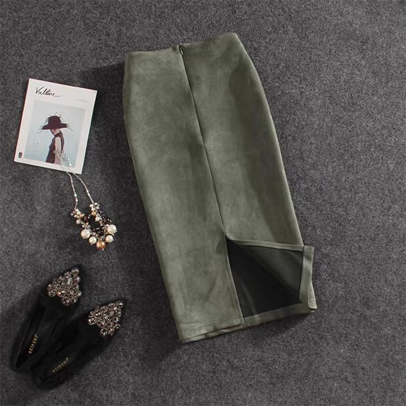 Autumn Winter High Waist Bodycon Vintage Suede Split Thick Stretchy Skirts Women Skirts Suede Solid Color Pencil Skirt