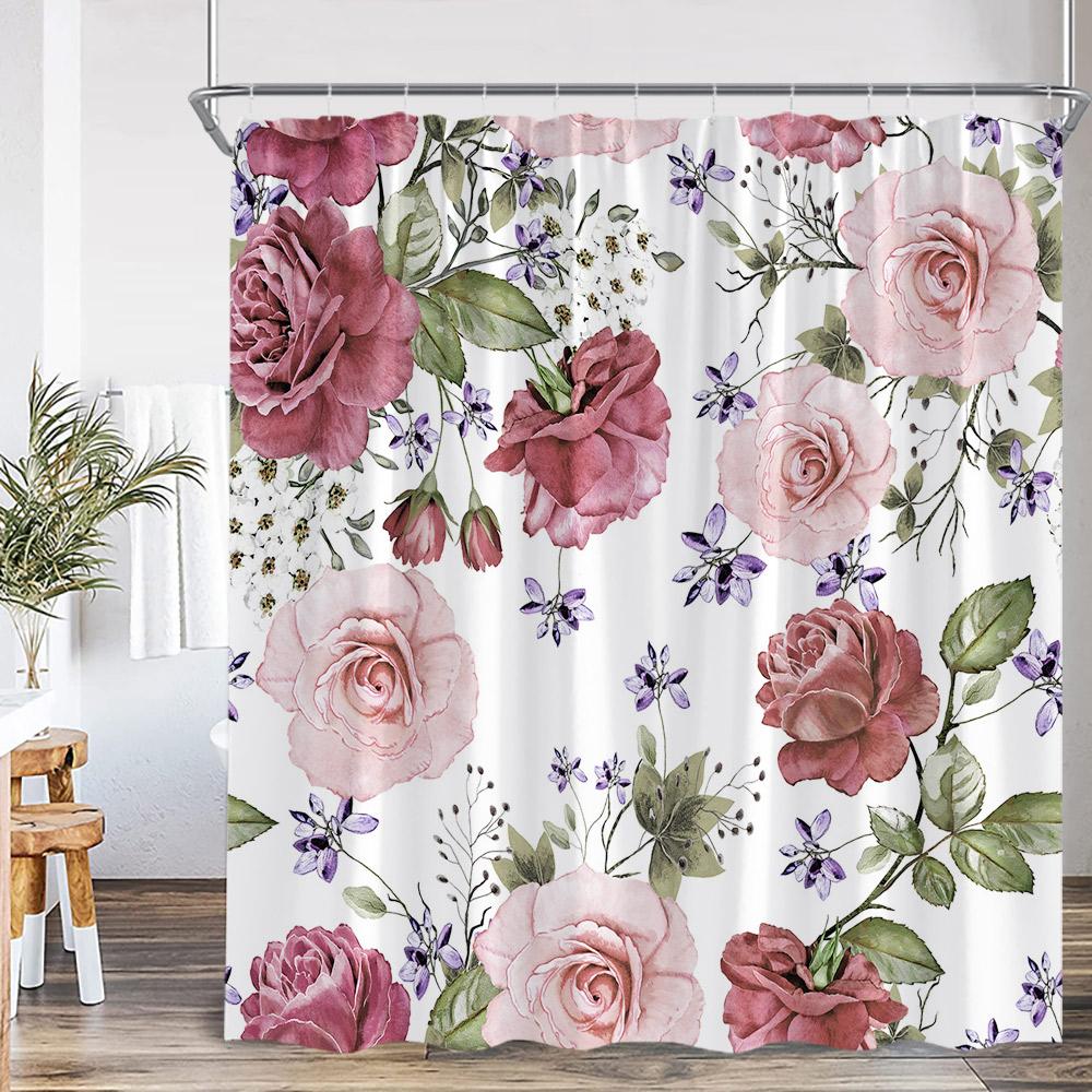 Vintage Floral Shower Curtain Colorful Flower Blossom Plant Green Leaf Dark Bathroom Decoration Polyester Bath Curtain with Hook
