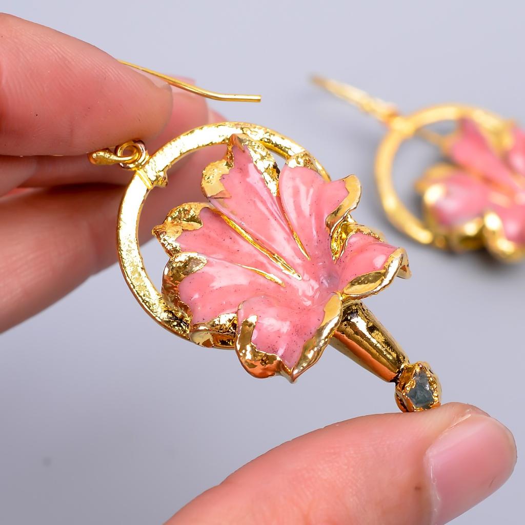 Natural Opal Gold Finish Dangle Sisters Gift Electroformed New Earrings Jewelry V-73