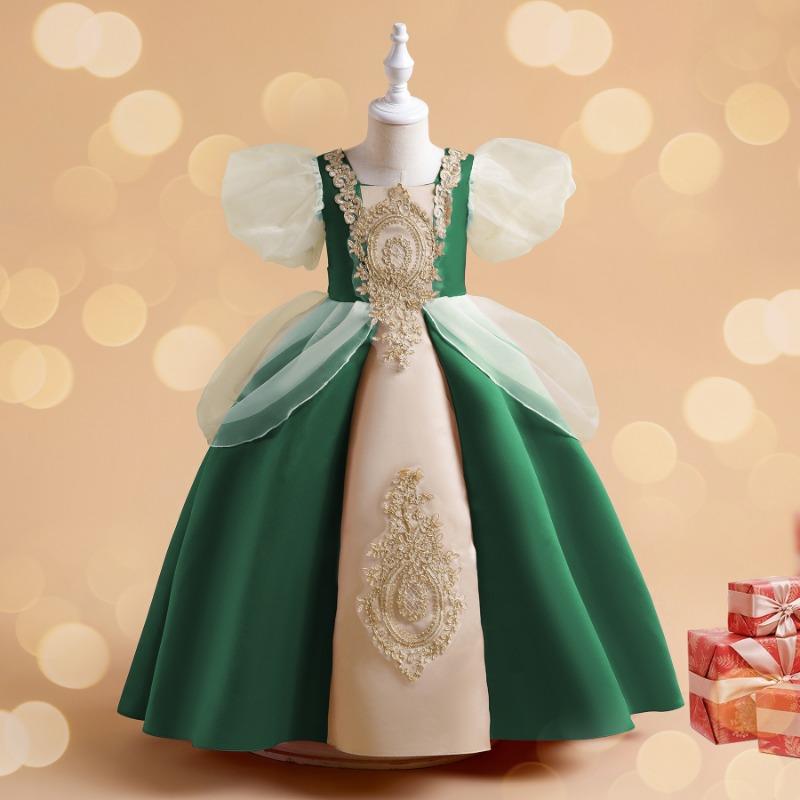 Vintage Royal Puff Sleeve Big Kids Girls Princess Long Formal Dress Gown