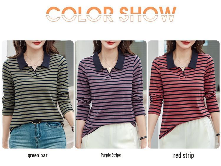 Women's Striped Long-Sleeve Polo Top in Pure Cotton