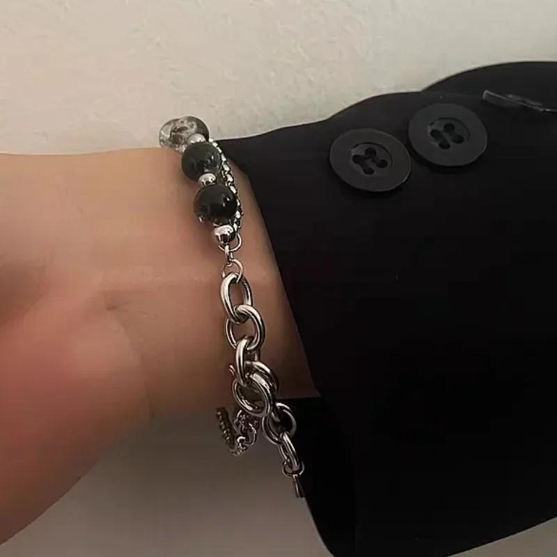 Double Layer Chain Bracelet Ice Cracked Pearl Titanium Steel Splicing Bracelet Retro Unisex Niche Design