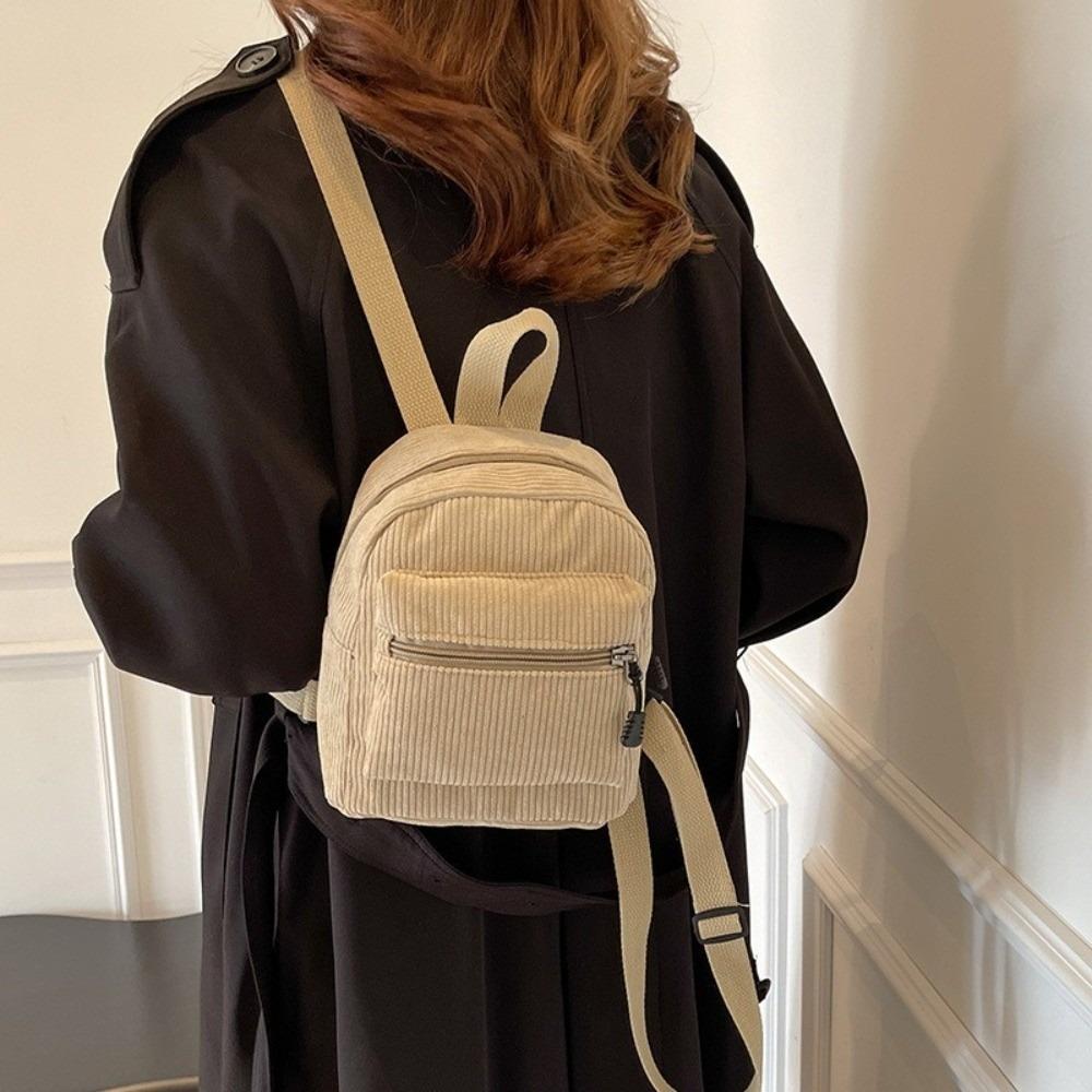 Zipper Double Shoulder Bag Solid Color Daypack Fashion Corduroy Mini Backpack Daily Travel