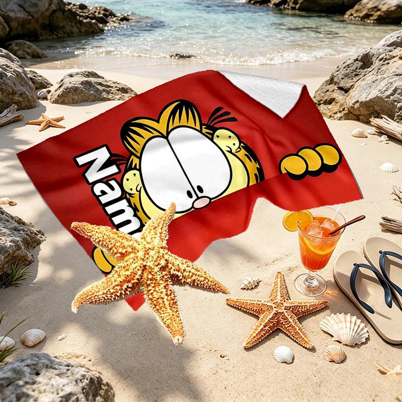 Custom Name Personalized Garfield Print Beach Towel, for Trip Camping Beach Party Home Decor, Birthday Gift for Family & Friends
