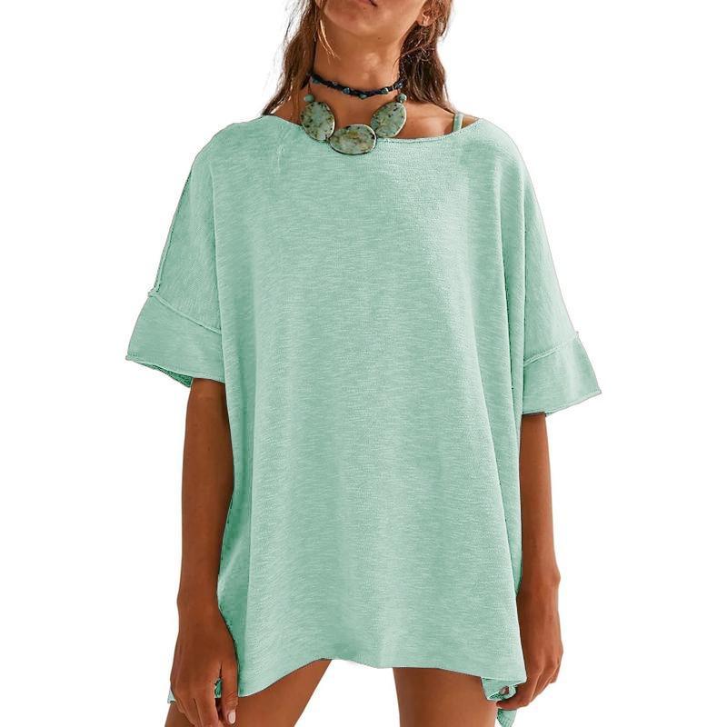QICED Women's Fashion Casual Solid Color Print 1/2 Sleeves O-Neck Blouses & Shirts