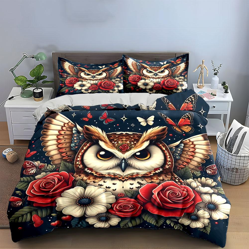Owl Floral Art Decor Set Bedding Set with 1 Duvet Cover 2 Pillowcases Single Double King Queen, Gift