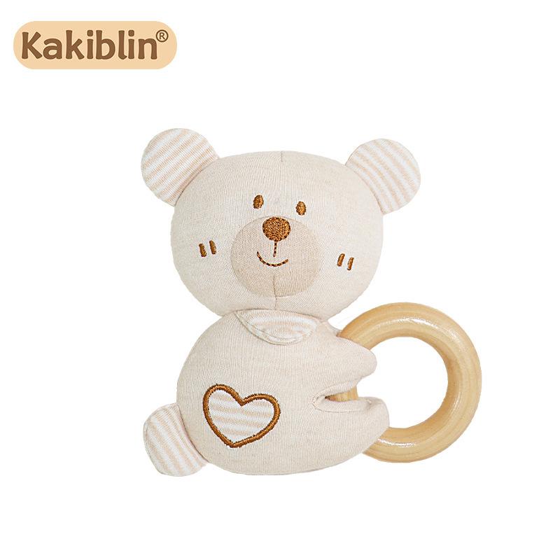 Organic Cotton Baby Teether & Rattle with Wooden Ring and Soothing Bell.