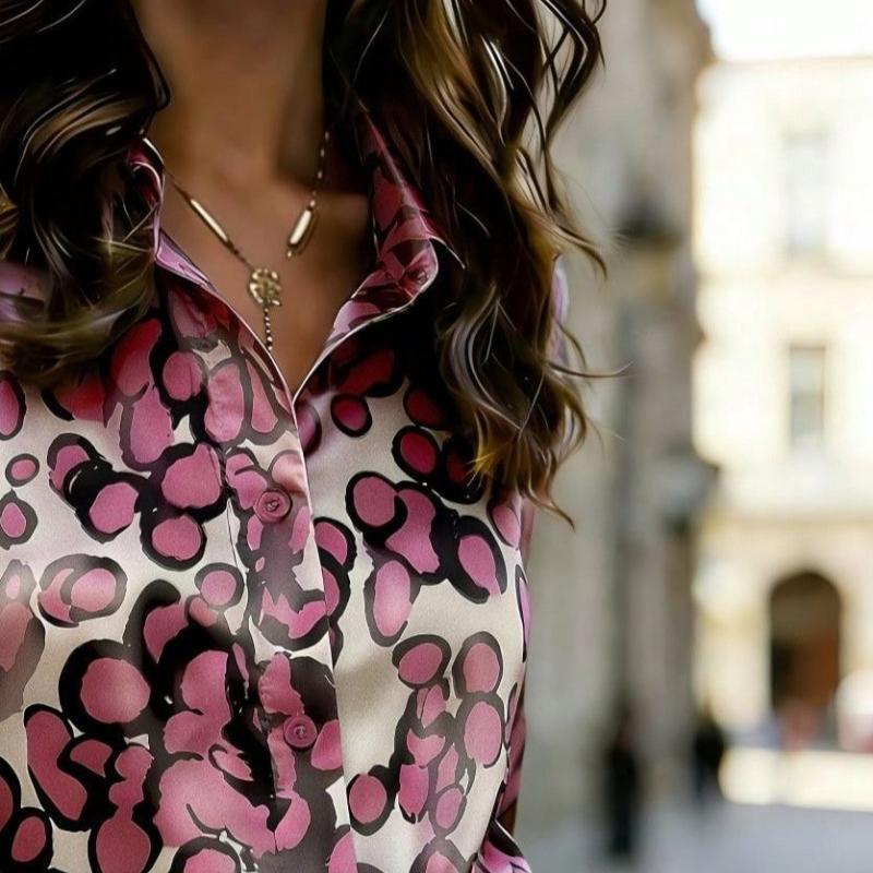 Women's Satin Long-sleeve Printed Shirt with Classic Button Design, Spring Daily Casual Wear