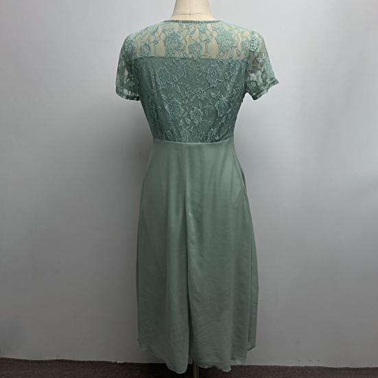 O-Neck Short Sleeve Waist Tight High-waisted Evening Dress Elegant Embroidery Lace Floral