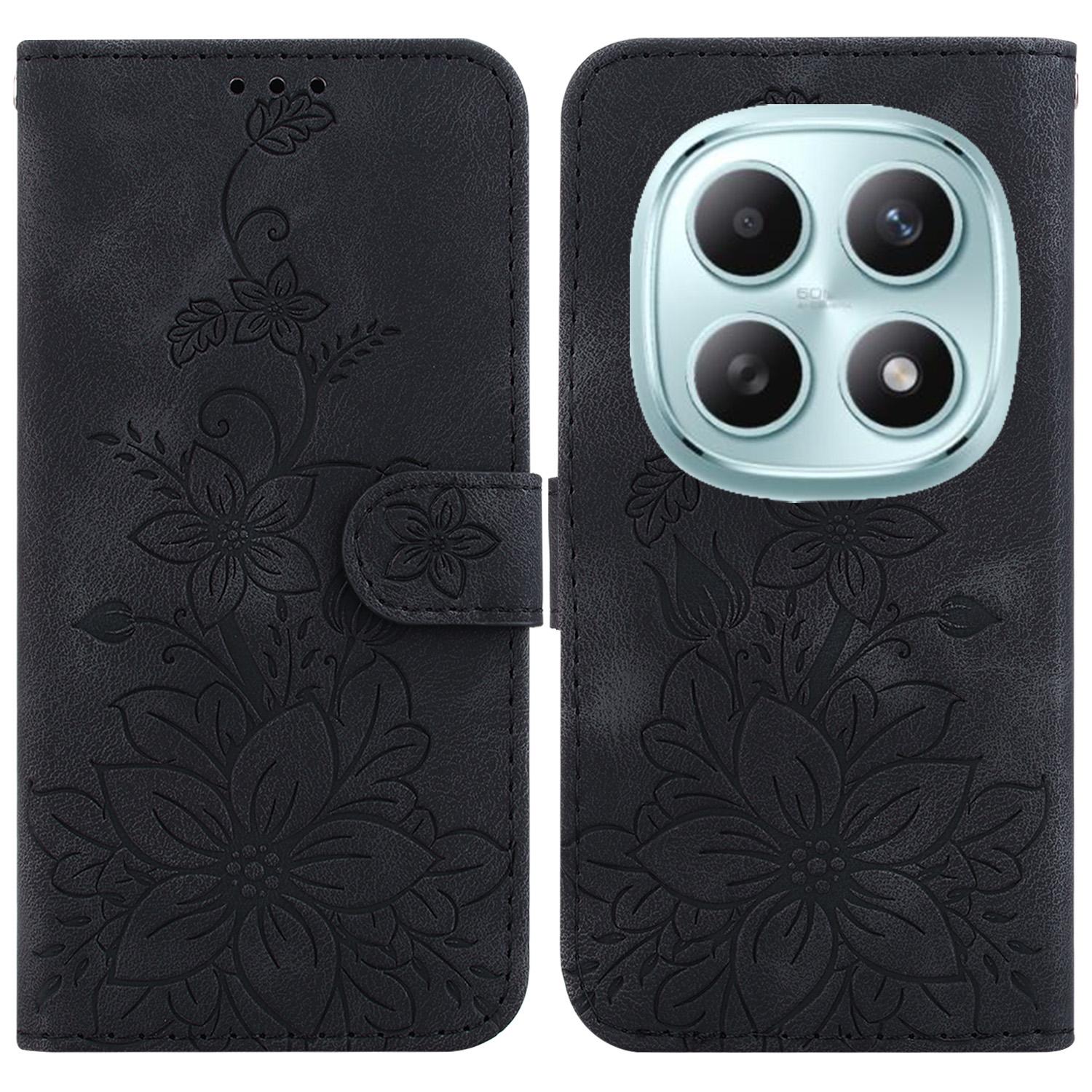 

For Xiaomi Poco M8 5G/Redmi Note 15 5G (Global) Stand Case Lily Flower Imprint Leather Phone Cover with Wrist Strap