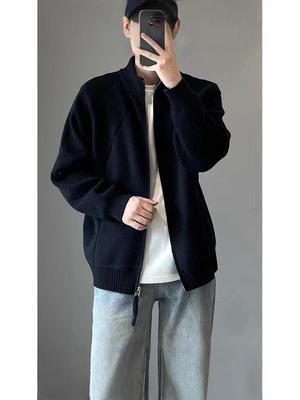 Men's Korean Style Double Zipper Stand Collar Knit Cardigan Jacket for Autumn and Winter Casual Wear