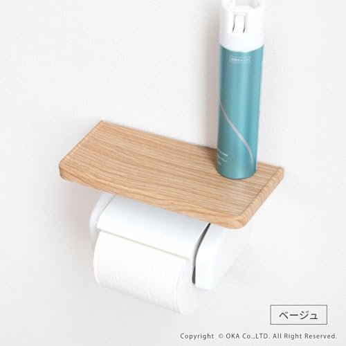 OKA One-Touch Paper Holder with Wood Grain Shelf, Beige (Stylish and Cute Paper Holder)