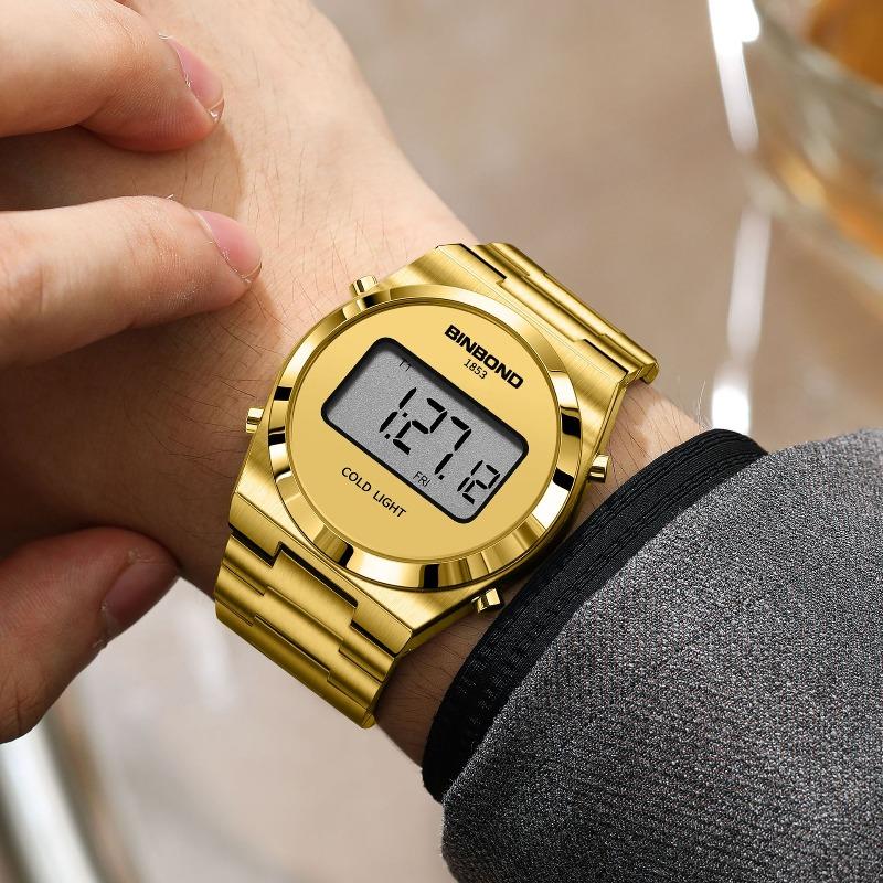 Binbang Watch Simple and Fashionable Round Digital Trendy Man Waterproof Sports Steel Belt Electronic Watch