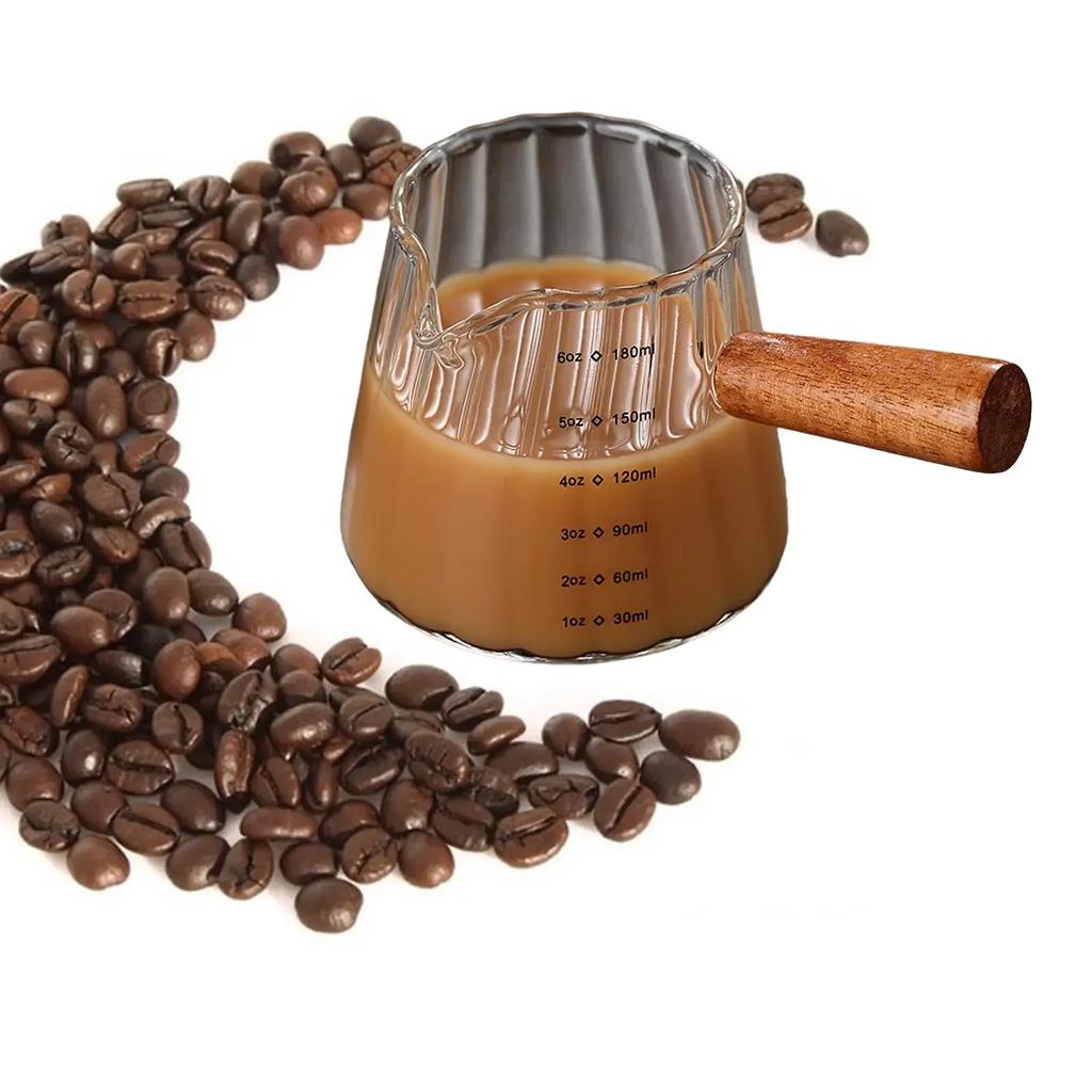 1pcs Wooden Handle Small Milk Coffee Cups Italian Glass Coffee Measuring Cup Vertical Milk Cup, Mini Milk Jar and Cup