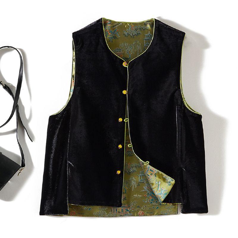 

Сильный контрастный цвет! Двусторонняя носка Двусторонний цвет ~ Шуя Женский Бархатный Жилет на Одной Пуговице с Сатиновой Отделкой Осень и Зима Платье-Бандаж Верхняя Одежда Black + emerald green L