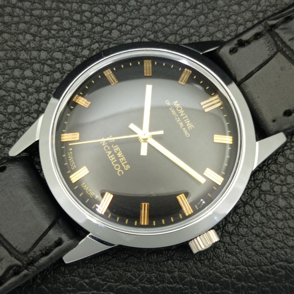 SWISS VINTAGE MONTINE HAND-WINDING MENS REFURBISHED BLACK DIAL WATCH a441065-1