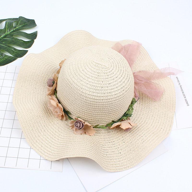 Fashion Summer Wavy Straw Hat Women's Sun CapBeach Eaves Flower Bow Caps