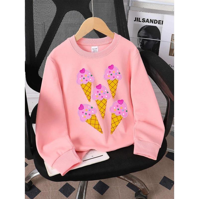European Sizes Kids' Crewneck Sweatshirt - Pink Ice Cream Cone with Heart And , Sportswear And Casual Wear, Soft And Comfortable, Clothing