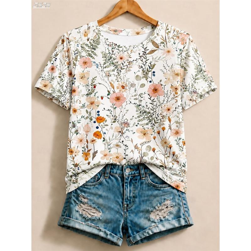 T-shirt da Donna Stampa Grafica Floreale Piante Vintage Elegante Classica Manica Corta Girocollo Collo Tondo Top Regolari