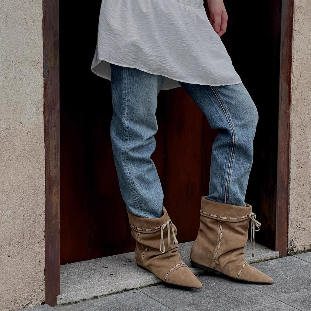 Foldable Two-wear Dong Life Same 25 New Stacked Ankle Boots You Mufeng Pointed Short Boots Stacked Boots Women