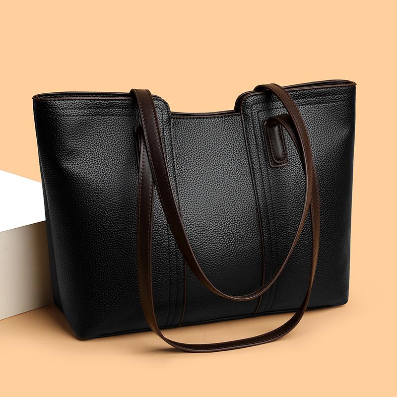 Simple Modern Tote Beige Color-Blocked Lychee Pattern Tote Bag Minimalist Design Comfortable for Daily Essentials
