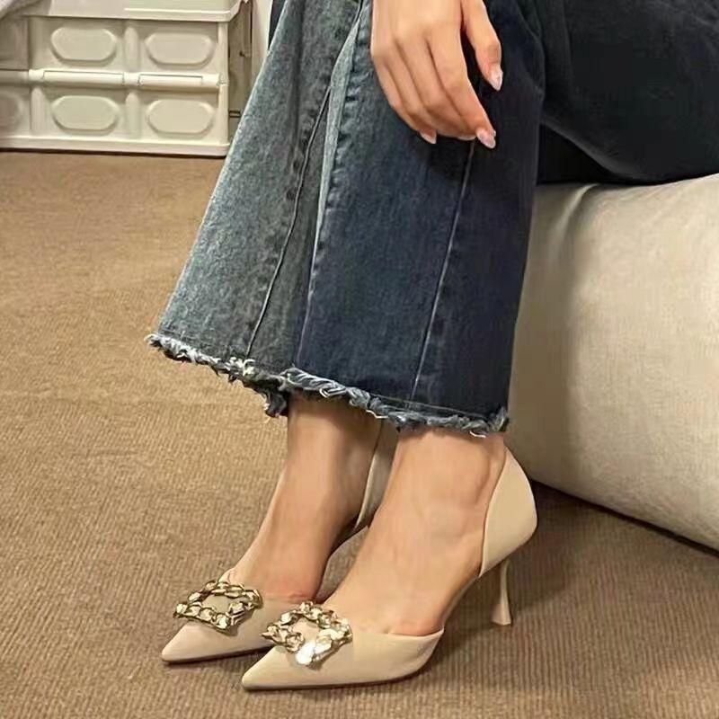 

Black high heels women s 2024 new spring French temperament square buckle rhinestone thin heel single shoes not tired feet women s shoes 39 абрикосовий