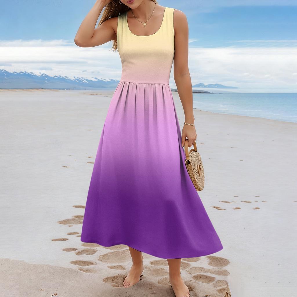 Ladies' Gradient Printed Summer Casual and Fashionable Sleeveless Long Dress