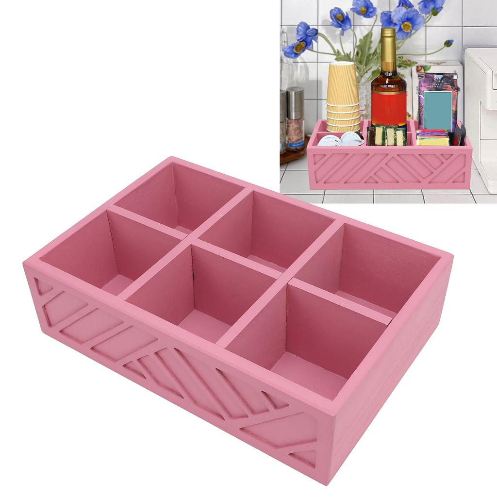 Coffee Station Organizer with Small Dividers Wooden Coffee Bar Accessories Storage Box for Countertop Decor Pink