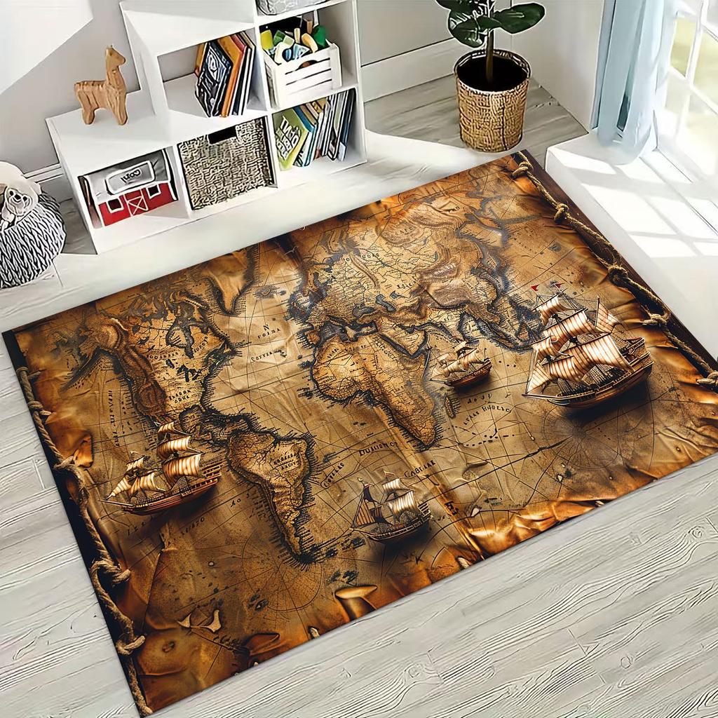 Retro Nautical Map Chart Treasure Map Compass Moto Rug for Bedroom Living Room Sofa Home Doormat Decor,Kids Non-slip Floor Mat