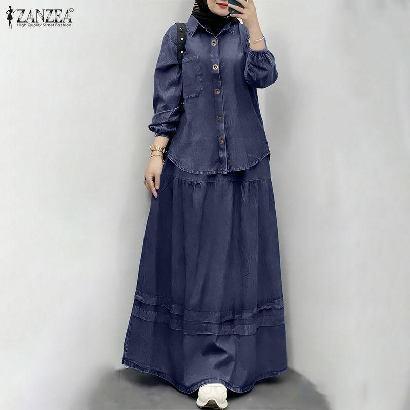 ZANZEA Blouse à manches longues pour femmes et jupes longues Ensembles décontractés deux pièces