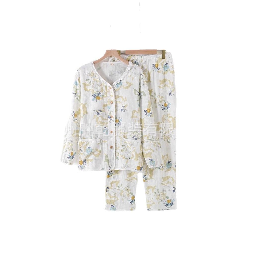 New pajamas women's pure cotton gauze double-layer crepe thin long-sleeved spring and autumn summer collarless cotton loungewear set