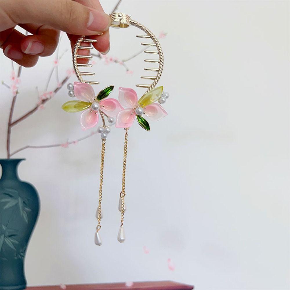 Antique Flower Horsetail Buckle Tassel Hanfu Headwear Elegant Flower Ponytail Holder  Girls