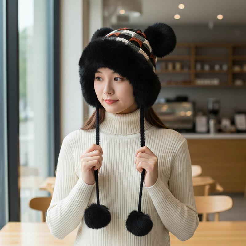 Winter Hat Female Cute Antlers Hairball Ear Protectors Plush Hat Christmas Thickened Northeast Lei Feng Hat Cycling Hat