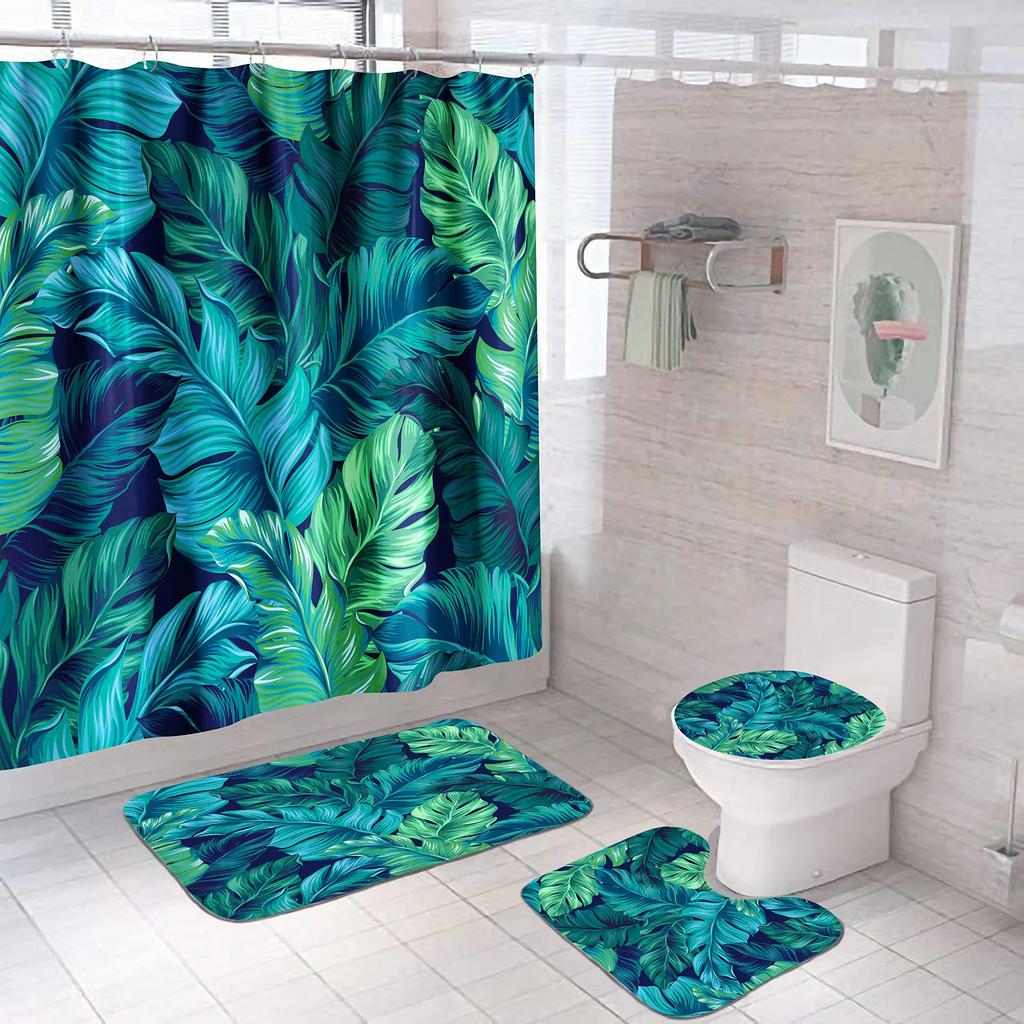 Blue Green Leaves Shower Curtain Set With Non-Slip Rug Toilet Lid Cover Bath Mat And Hooks Plant Leaf Vine Waterproof Decor Sets