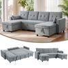 Corner Sofa with Sleep Function and Storage Compartment U-Shape 4-Seater Sofa with Chaise Longue, Adjustable Backrest, Linen Look