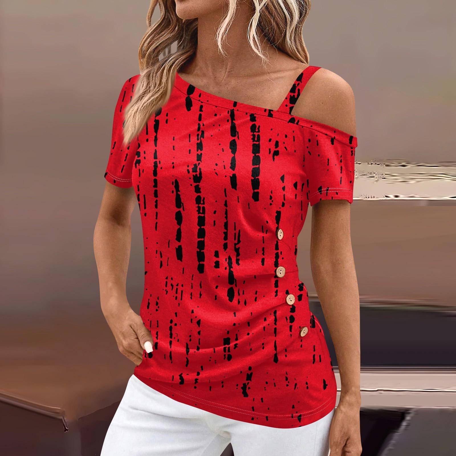 

Рубашки с коротким рукавом для женщин, футболка с открытыми плечами и принтом, летние повседневные базовые топы, пуловер XL