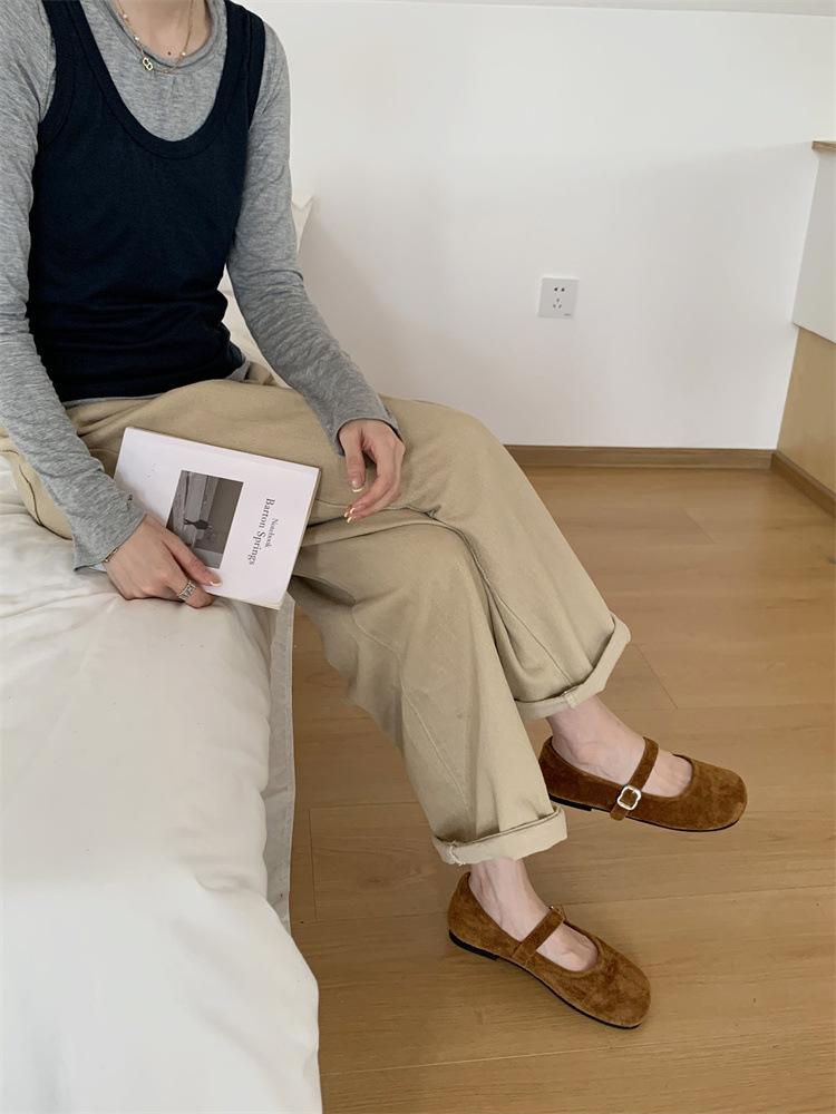 

Autumn and winter new retro matte leather Mary Jane flat bottom one-word buckle with shallow mouth ballet women s single shoes 39 коричневый