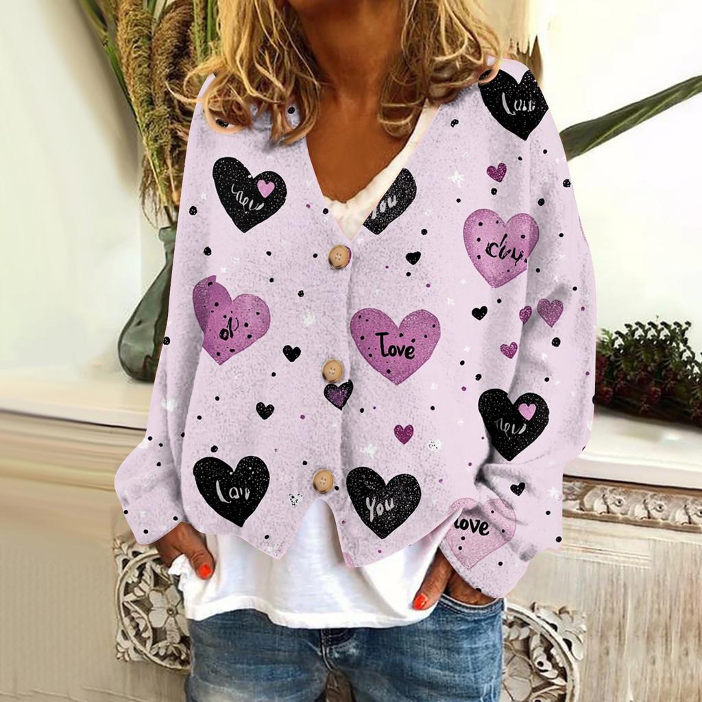 Women's Fashion Short Jacket Casual Long Sleeve Valentine's Day Printed Single Breasted Plush Top