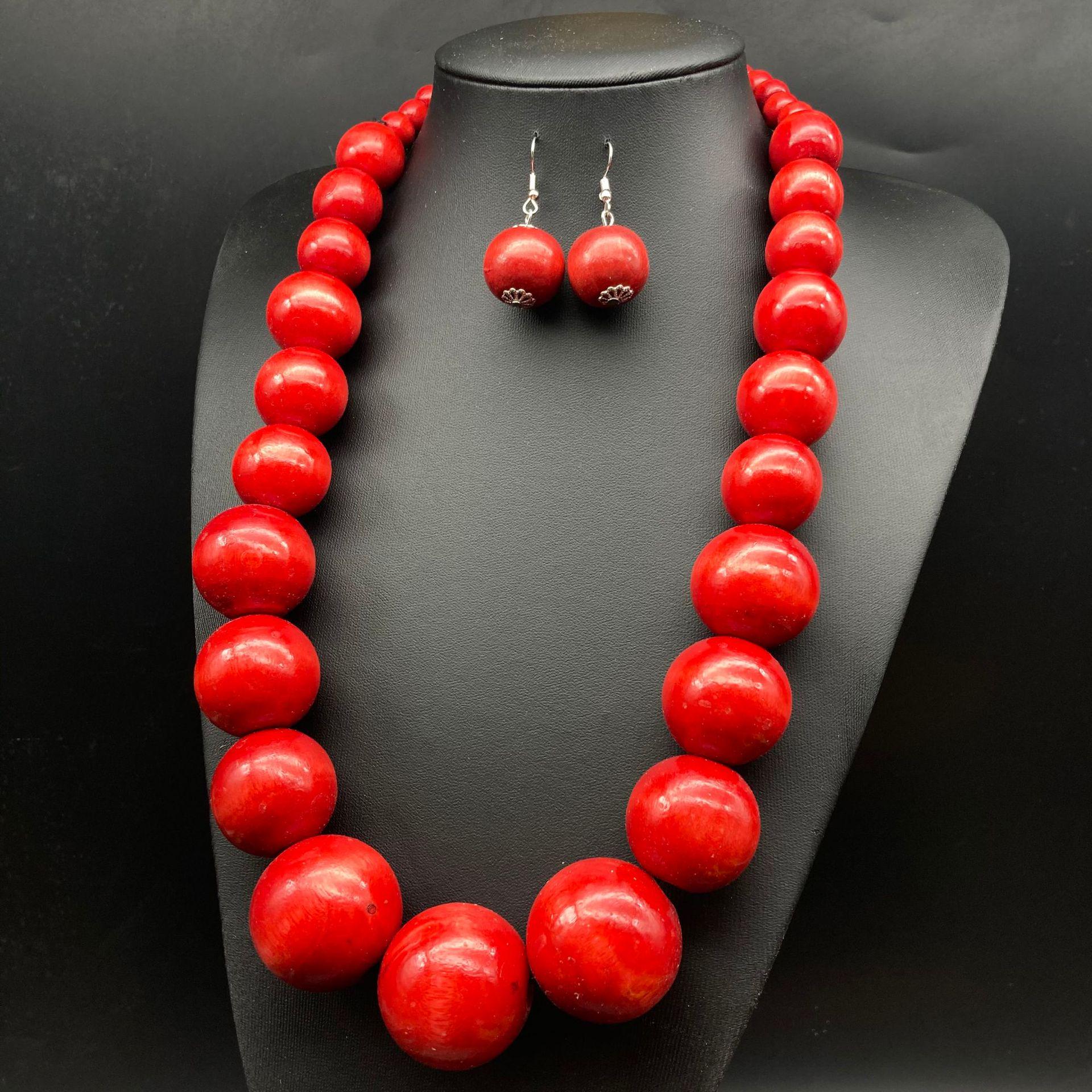 Bohemian Exaggerated Wooden Bead Necklace  Earrings Set European American Style Holiday Fashion.
