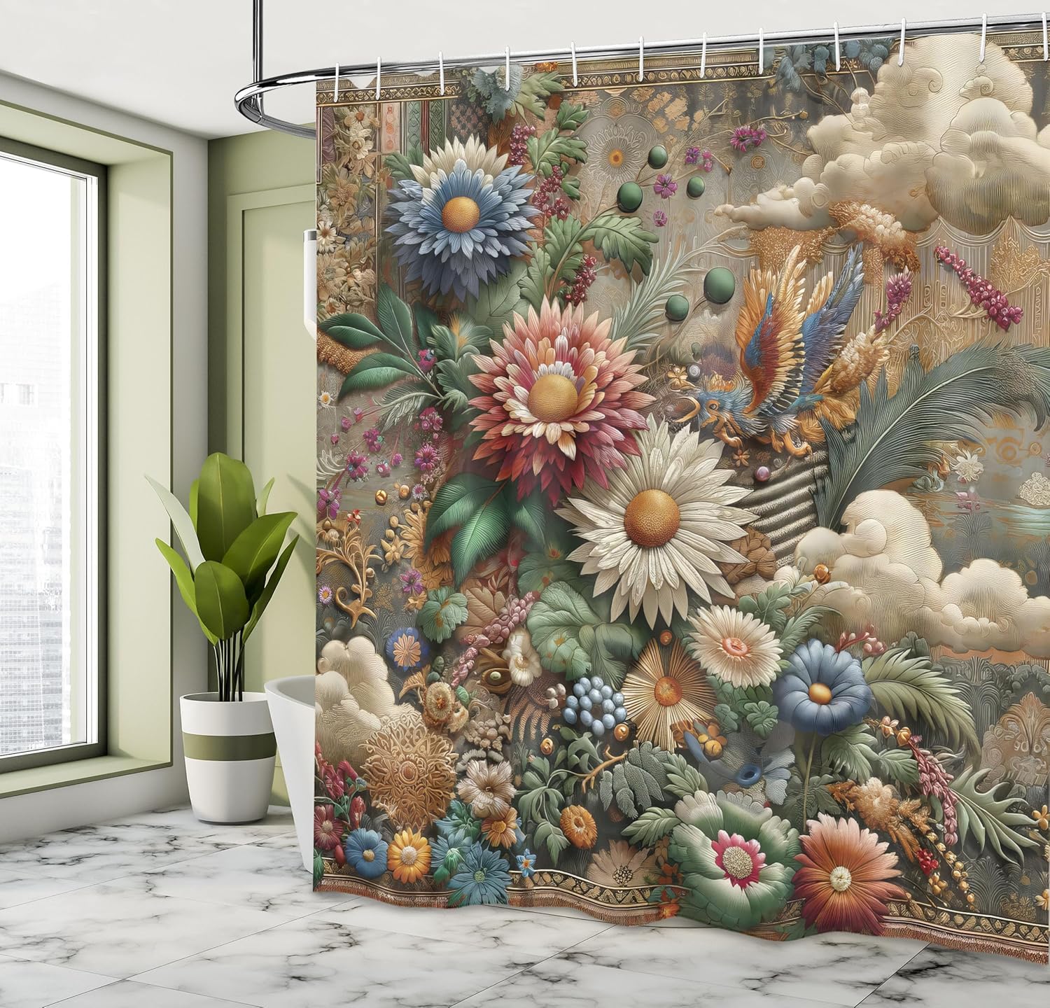 Floral Eucalyptus Shower Curtain, Rococo Medieval Style Colorful Flowers Clouds Art Nouveau Garden, Cloth Fabric Bathr 90x180cm