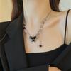 Black Zircon Butterfly Pendant Necklace Women Minimalist Dark Chic Layered Look Alloy Chain Statement Jewelry