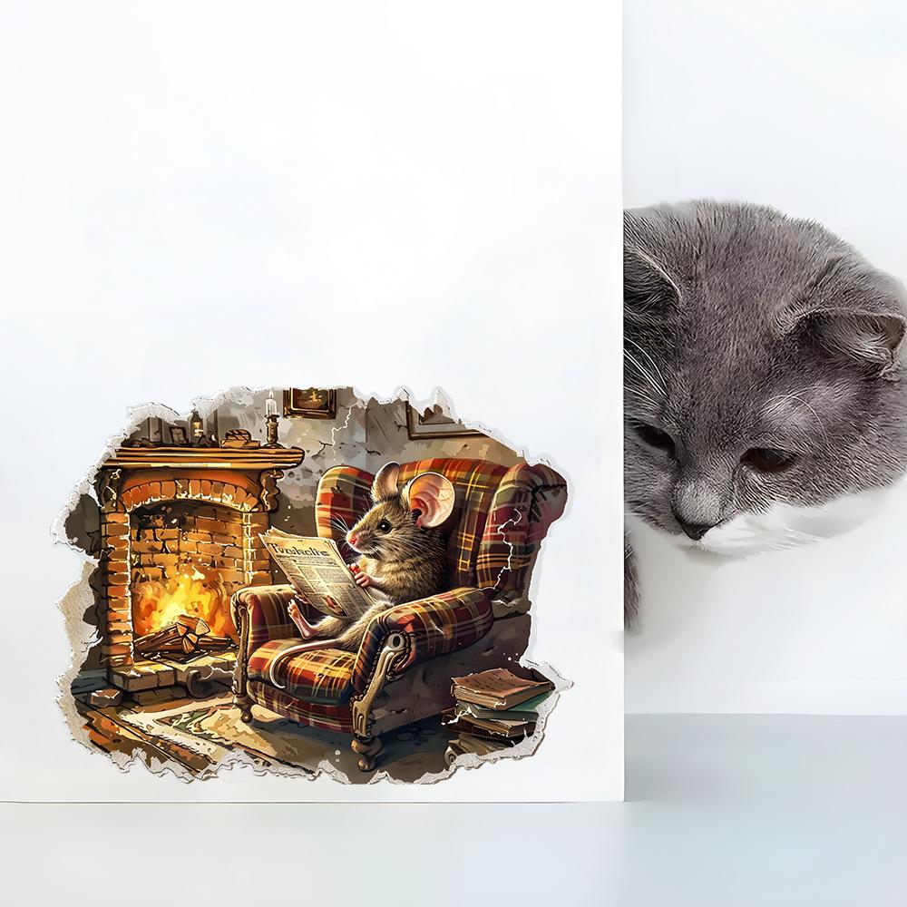 Funny Mouse Reading Newspaper Sticker No Glue Easy Apply Vintage Living Room Wall