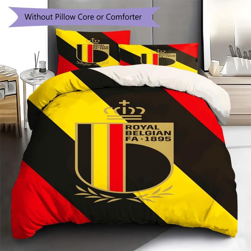 Royal Belgian FA Crest Red Yellow Black Diagonal Stripe Print 3Pcs Duvet Cover Set Belgium Football Bedding Bedroom Decor No Pillow Core Comforter