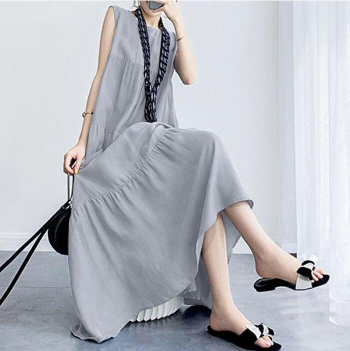 Sommer Damen Baumwolle Leinen Einfarbig Kleid Lässig Ärmellos Maxi Vestidos Damen O-Ausschnitt Robe Oversized