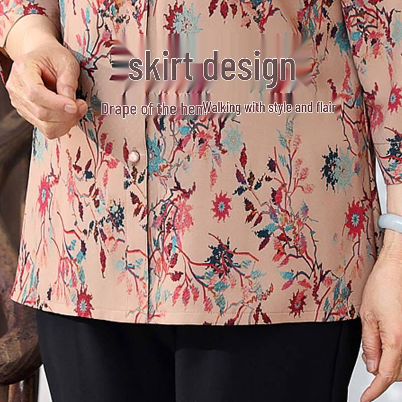 Elderly Women's Embroidered Lapel Seven-Quarter Sleeve Shirt