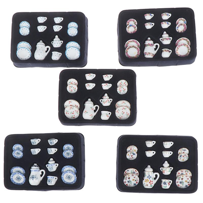 1:12 Dollhouse Miniature 17Pcs Porcelain Tea Cup Set Chintz Flower Tableware