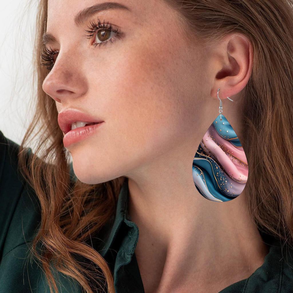 Boho Abstract Pink Blue Gilter Quicksand Print PU Earrings for Women Chic Spring Summer Blue Starry Sky Double Sided Print Waterdrop Earrings
