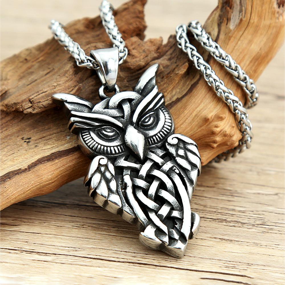 Retro Nordic Viking Owl Pendant Necklace Stainless Steel Scandinavian Amulet Celtics Knot Necklace for Men Jewelry