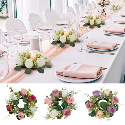 Artificial Rose Candle Ring Wreath Faux Silk Floral Wedding Centerpiece Rustic Fake Rose Candle Holder for Christmas Home Table Decor